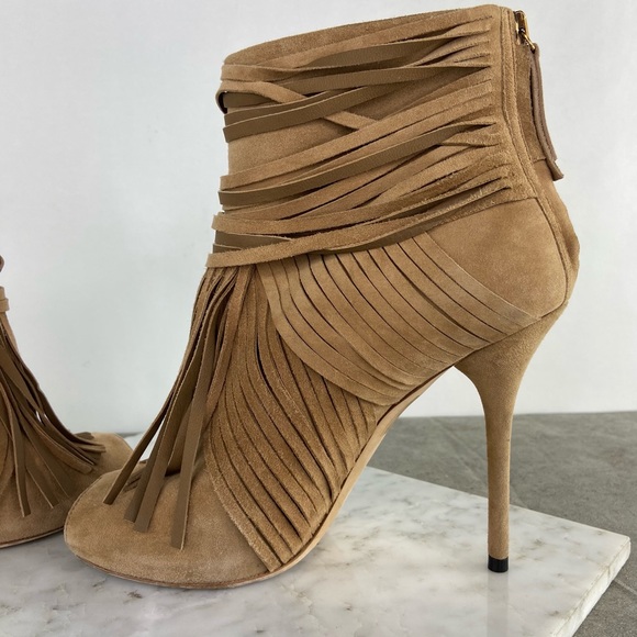 Gucci Tan Suede Fringe Open Toe Heeled Booties - Picture 7 of 12